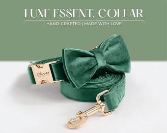 Personalized Emerald Velvet Dog Collar and Leash Set with Bowtie