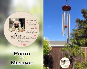 Graviertes Gedenk-Windspiel, doppelseitiger Hunde- und Katzennamen mit Foto, Geschenk zum Erinnern an Haustiere im Freien