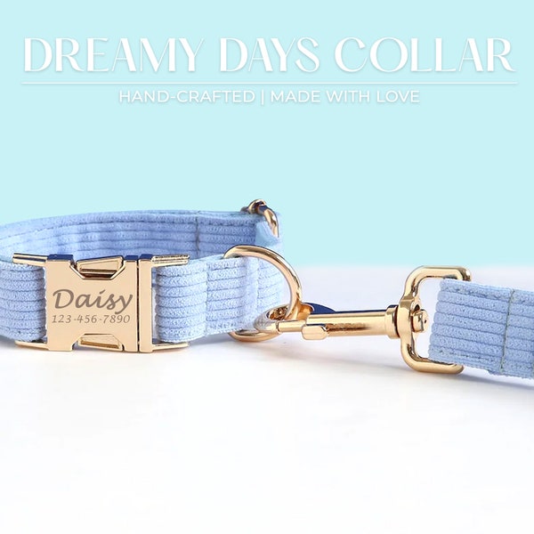 Personalized Blue Corduroy Dog Collar | Engraved Pet ID