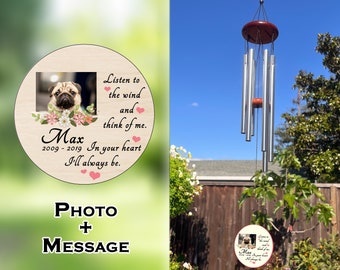 Double Side Dog Cat Name Engrave Memorial Wind Chime with Photo-Outdoor Pet Lose Remembering Gift-Outdoor Sketch Pet Loss Sign for Garden