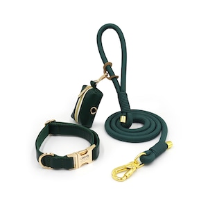 Emerald Green Vegan Leather Dog Collar and Leash Set | Personalized Engraved Pet Collar