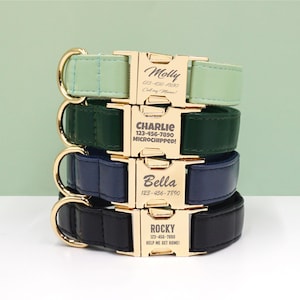 May include: A stack of four personalized dog collars in various colors: light green, dark green, navy blue, and black. Each collar features a gold-colored buckle with a name and contact information engraved on it. The text includes names like "Molly" and "Rocky".