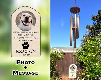 Double Side Engraved Pet Memorial Wind Chime with Photo-Personalized Pet Loss Sympathy Gift-Outside Sketch Pet Loss Sign for Garden