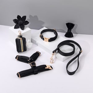 Black Personalized Dog Harness and Leash Set | No Pull Dog Harness | Poop Bag Holder | Dog Gifts