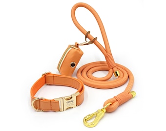 Orange Vegan Leather Dog Collar and Lead Set | Personalized Engraved Collar