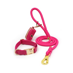 Magenta Leather Dog Collar and Lead Set | Personalized Dog Collar | Engraved Dog Collar | Wedding Puppy Gifts