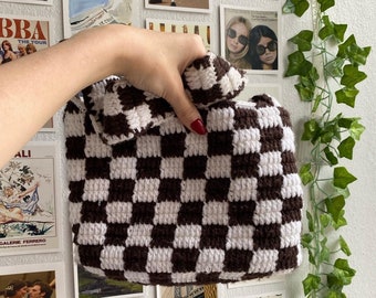 Crochet Checkerboard Bag, Handmade wool bag, Checkered Tote Bag, Crossbody Knitted Bag, Handmade Crochet Bag, Shoulder Bag