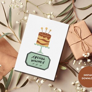 Biglietto d'auguri per torta di compleanno, Biglietto di buon compleanno stampabile per bambini, Download istantaneo, Biglietto di compleanno carino per bambini, Lettera USA 5x7