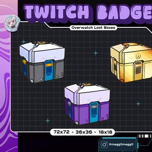 Peut inclure: Illustration numérique de trois coffres de butin Overwatch de couleurs grise, dorée et violette. Le texte "Twitch Badges" et "Overwatch Loot Boxes" est inclus. Les dimensions sont indiquées comme 72x72, 36x36 et 18x18.