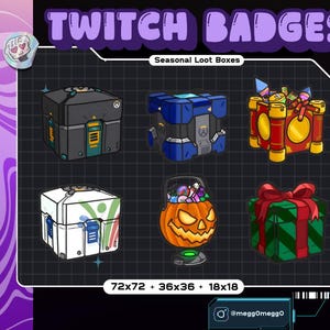 Peut inclure: Image présentant six coffres au trésor stylisés avec différents designs. Le texte "TWITCH BADGES" est en haut, avec "Seasonal Loot Boxes" en dessous. Les boîtes comprennent une boîte noire et sarcelle, une boîte bleue, une boîte rouge et or, une boîte blanche, une citrouille et une boîte cadeau verte.