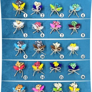 May include: A chart displaying 20 different dried flower arrangements, each tied with twine and featuring a variety of colours and textures. The arrangements are numbered 1 through 20.
