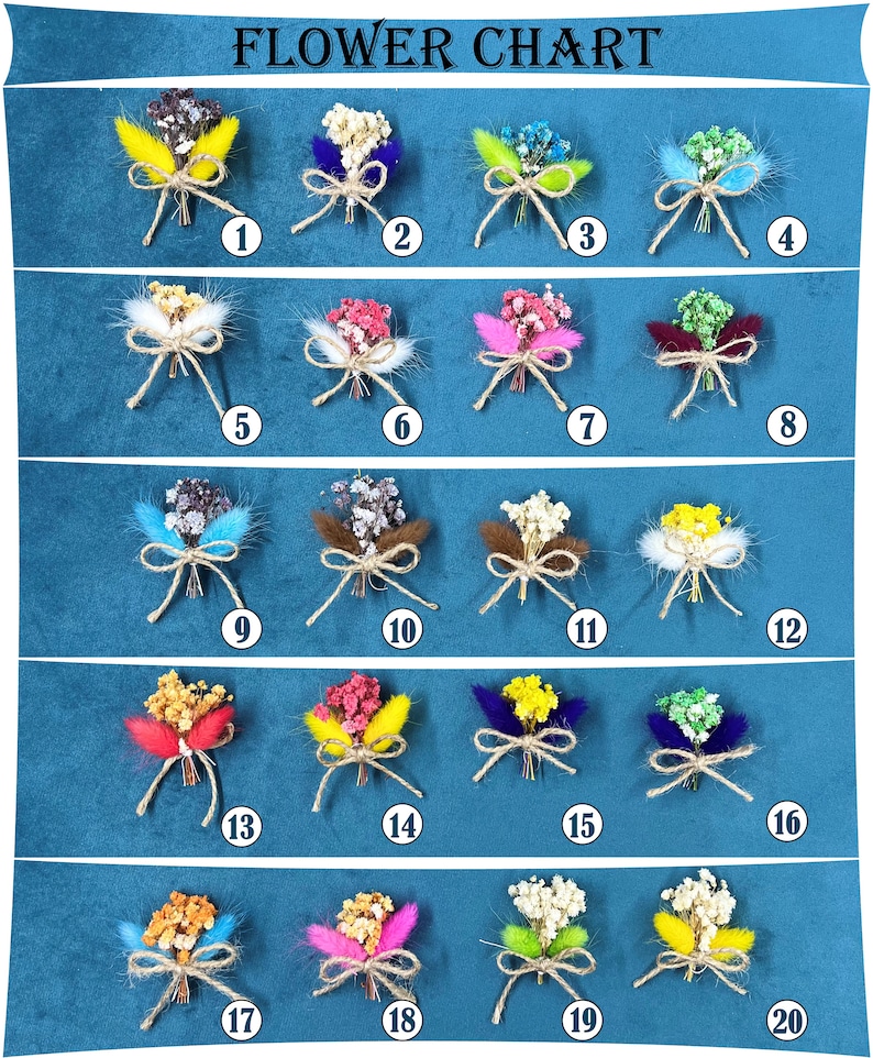 May include: A chart displaying 20 different dried flower arrangements, each tied with twine and featuring a variety of colours and textures. The arrangements are numbered 1 through 20.