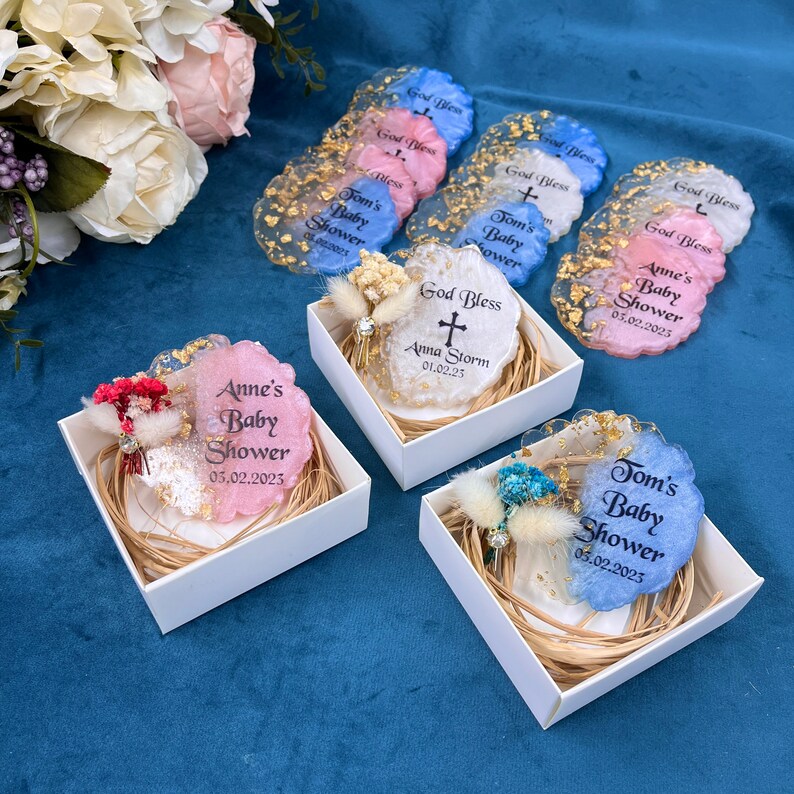 Engraved Baby Shower Favors for Guests, Floral Resin Favors