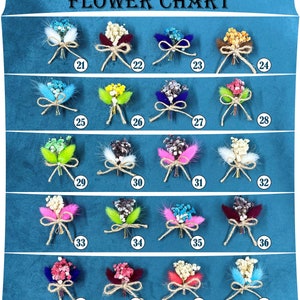 May include: A chart displaying 40 different dried flower arrangements, each tied with twine and a bow. The flowers are arranged in rows of four, with each row featuring a different colour scheme. The chart is labelled "FLOWER CHART" at the top.