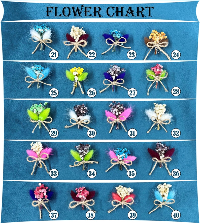 May include: A chart displaying 40 different dried flower arrangements, each tied with twine and a bow. The flowers are arranged in rows of four, with each row featuring a different colour scheme. The chart is labelled "FLOWER CHART" at the top.