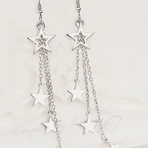 Silver dangly drop star earrings, tassel earrings chain earrings, star earrings, celestial earrings