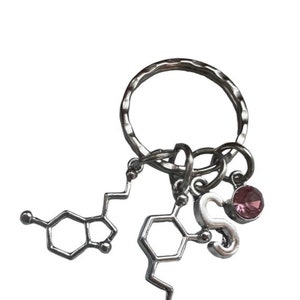 Serotonin and dopamine molecule with initial and birthstone, personalised necklace