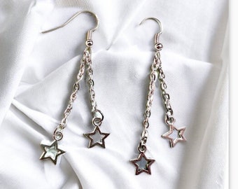 Silver dangly drop star earrings, chain earrings, star earrings, celestial earrings