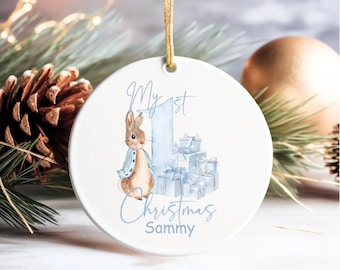 Adorno navideño personalizado para la primera Navidad del bebé, adorno de cerámica con forma de conejito azul, recuerdo con nombre personalizado, regalo para recién nacidos