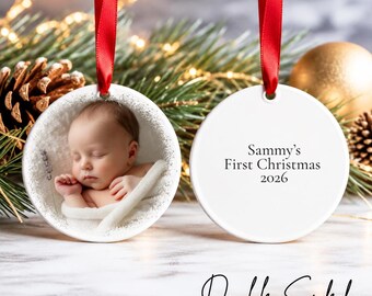 Adorno navideño personalizado con foto del primer cumpleaños del bebé, adorno de cerámica de doble cara, recuerdo personalizado con nombre y año, regalo para padres primerizos