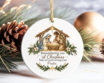 Adorno navideño personalizado conmemorativo de la Natividad, adorno de cerámica para Navidad, recuerdo cristiano, regalo de condolencia religiosa.