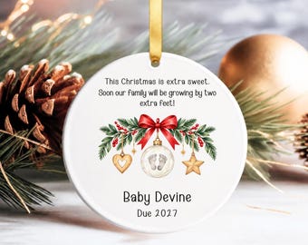 Adorno navideño de cerámica personalizado para anunciar el embarazo, recuerdo para anunciar la llegada del bebé, regalo para futuros padres.