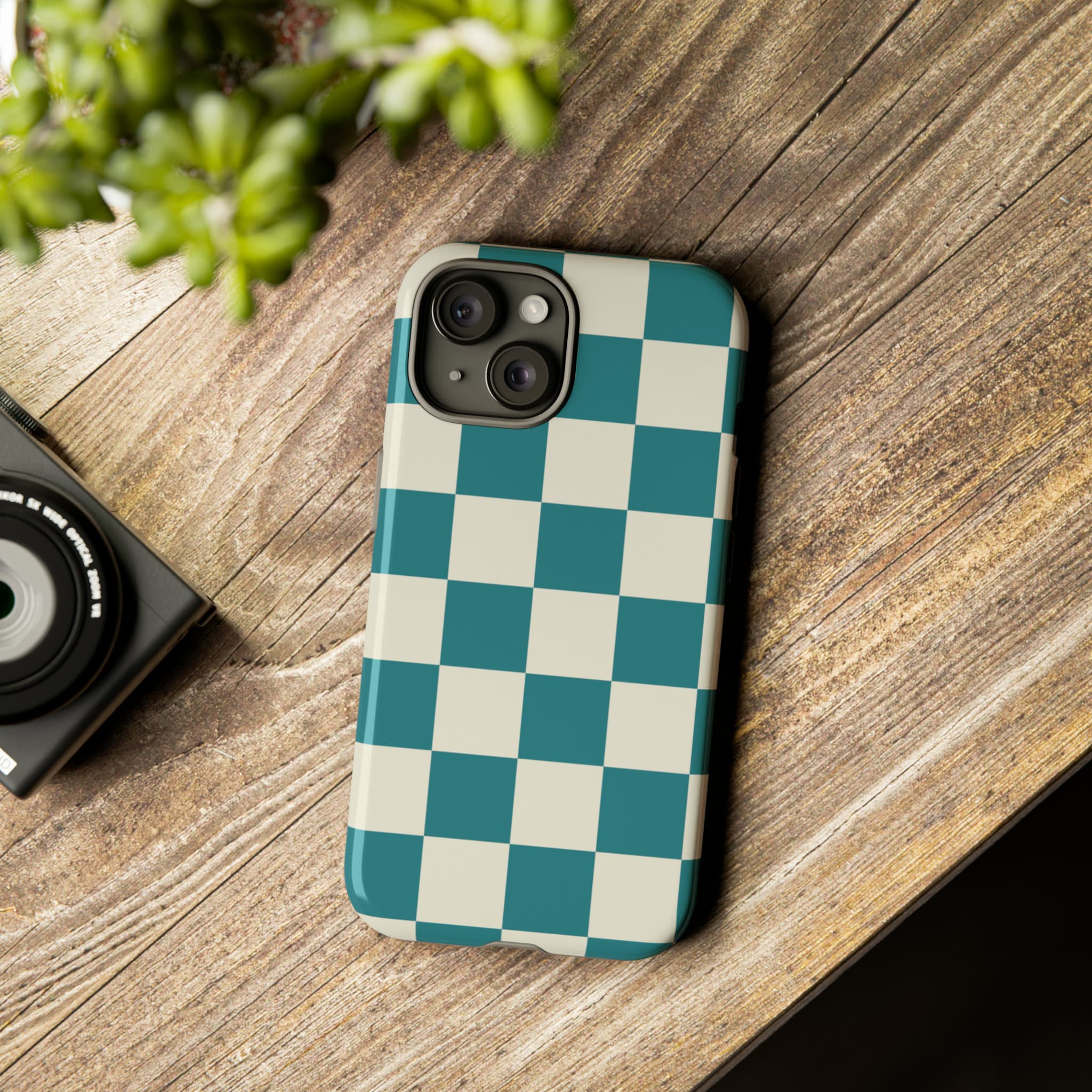 Aqua and Tan Checkered Cell Phone Case by Shield Shack Designs