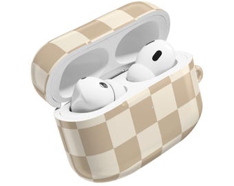 Tan and White Checkered Air Pod Case