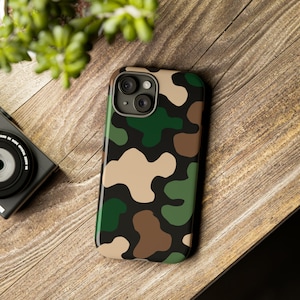 May include: A black phone case with a camouflage pattern in shades of green, brown, and beige.