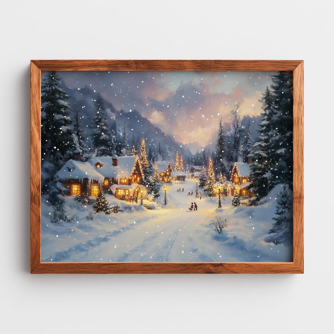 Vintage Christmas Village Painting, Snowy Holiday Scene Printable Wall ...