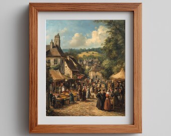Vintage European Market Painting, Rustic Village Street Printable Wall Art (Digital Download) 240