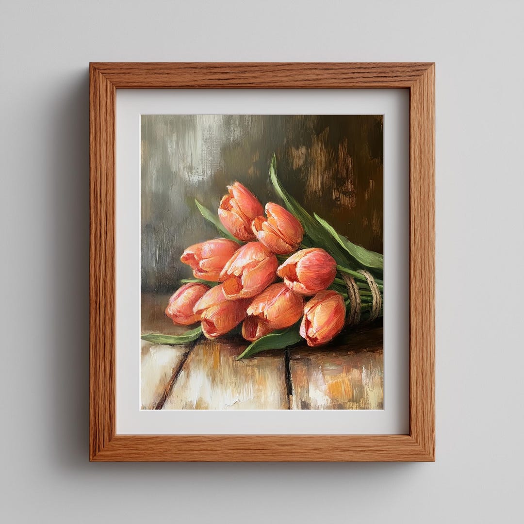 Coral-peach Tulip Bouquet Print - Rustic Vintage Floral Art ...