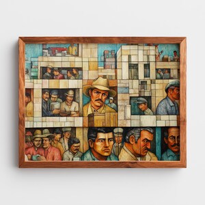 May include: A framed artwork featuring a mosaic-style composition of men in various settings. The artwork uses a warm color palette with browns, blues, and yellows. The men are depicted in hats and work attire, suggesting a historical or cultural theme.