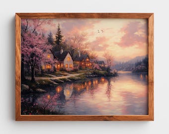 Cottagecore Lakeside Village Art Set: Cozy Pastel Landscapes (Digital Download) 523