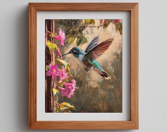 Cuadro de colibrí y flores rosas, arte mural botánico imprimible (descarga digital) 222