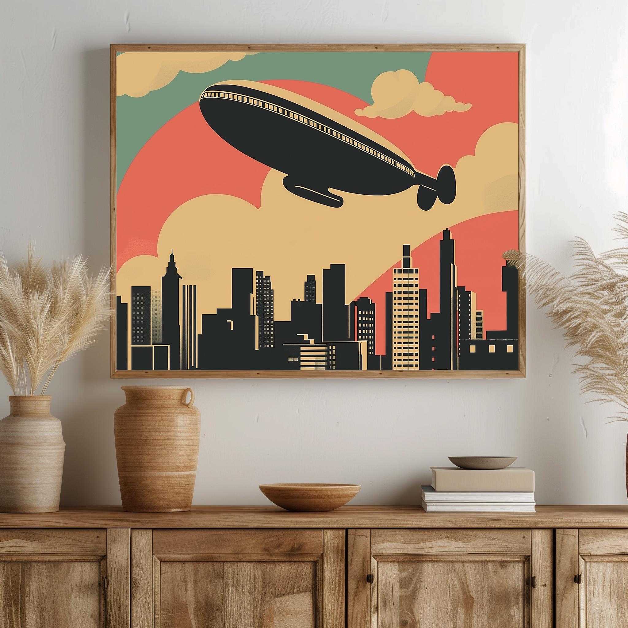 Retro Zeppelin Retro Zeppelin Over City Skyline, Vintage Mid-century Travel Art ...