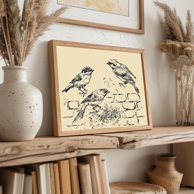 Rustic Sparrow Trio Sketch, Cottagecore Vintage Bird Drawing (digital ...