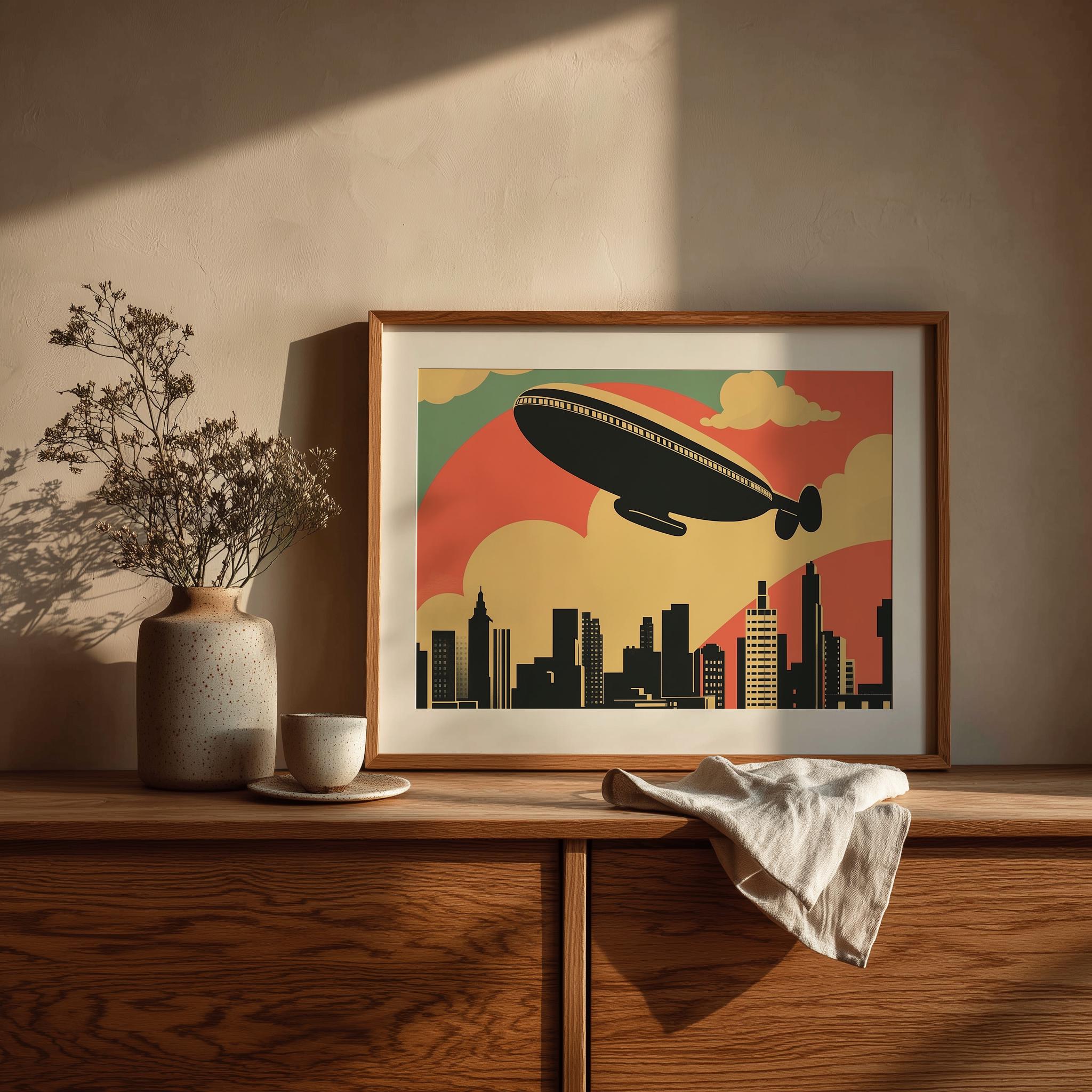 Retro Zeppelin Retro Zeppelin Over City Skyline, Vintage Mid-century Travel Art ...