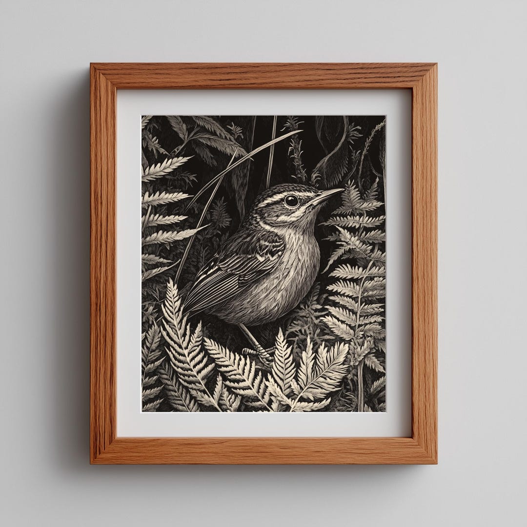 Rustic Wren Rustic Wren in Foliage Pen-and-ink Art - Vintage Cottagecore Bird Print ...