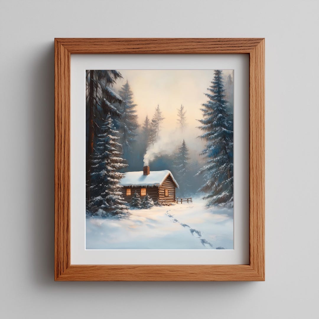 Cozy Snowy Cabin Scene, Rustic Winter Pine Forest Artwork (digital ...