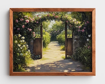 ロマンチックな庭園の門のプリント、ヴィンテージ風の花柄の小道のプリント可能な壁掛けアート（デジタルダウンロード）681