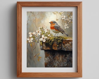 Vintage Robin Redbreast Painting, Cottagecore Bird Wall Art Printable (Digital Download) 190