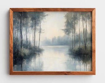 Nebliger Wald Fluss Malerei, Stimmungsvolle Neutrale druckbare Wandkunst (Digitaler Download) 252