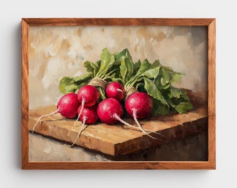 May include: A framed painting of radishes. The artwork depicts a bundle of vibrant red radishes with green leaves, tied together with twine. The radishes are resting on a wooden cutting board, with a neutral background.
