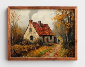 Rustic Autumn Cottage Painting, Vintage Fall Farmhouse Printable Wall Art (Digital Download) 374