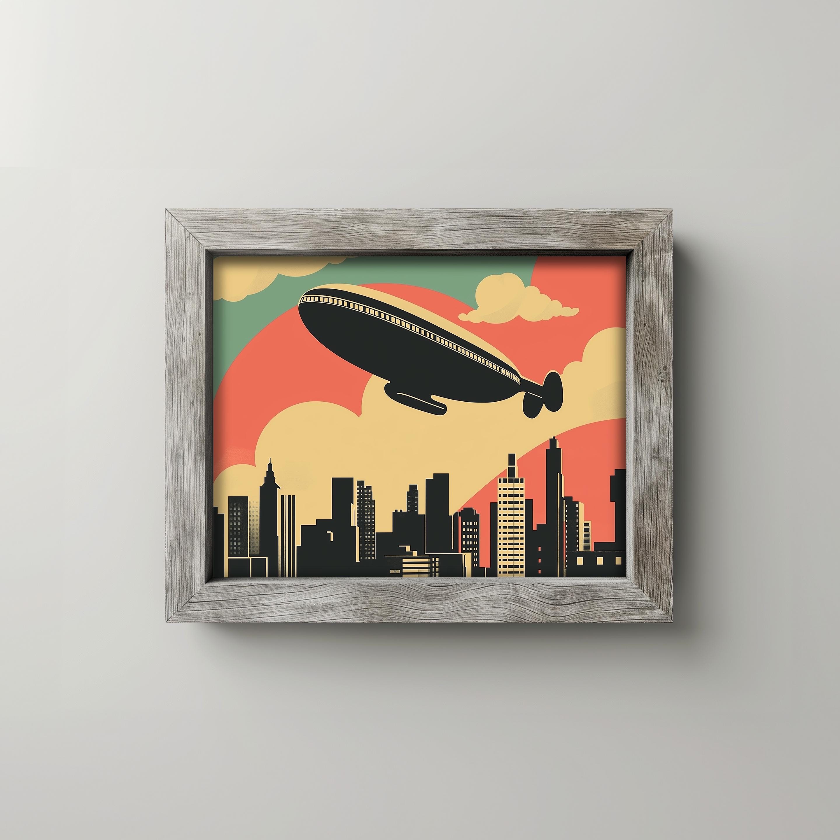 Retro Zeppelin Retro Zeppelin Over City Skyline, Vintage Mid-century Travel Art ...
