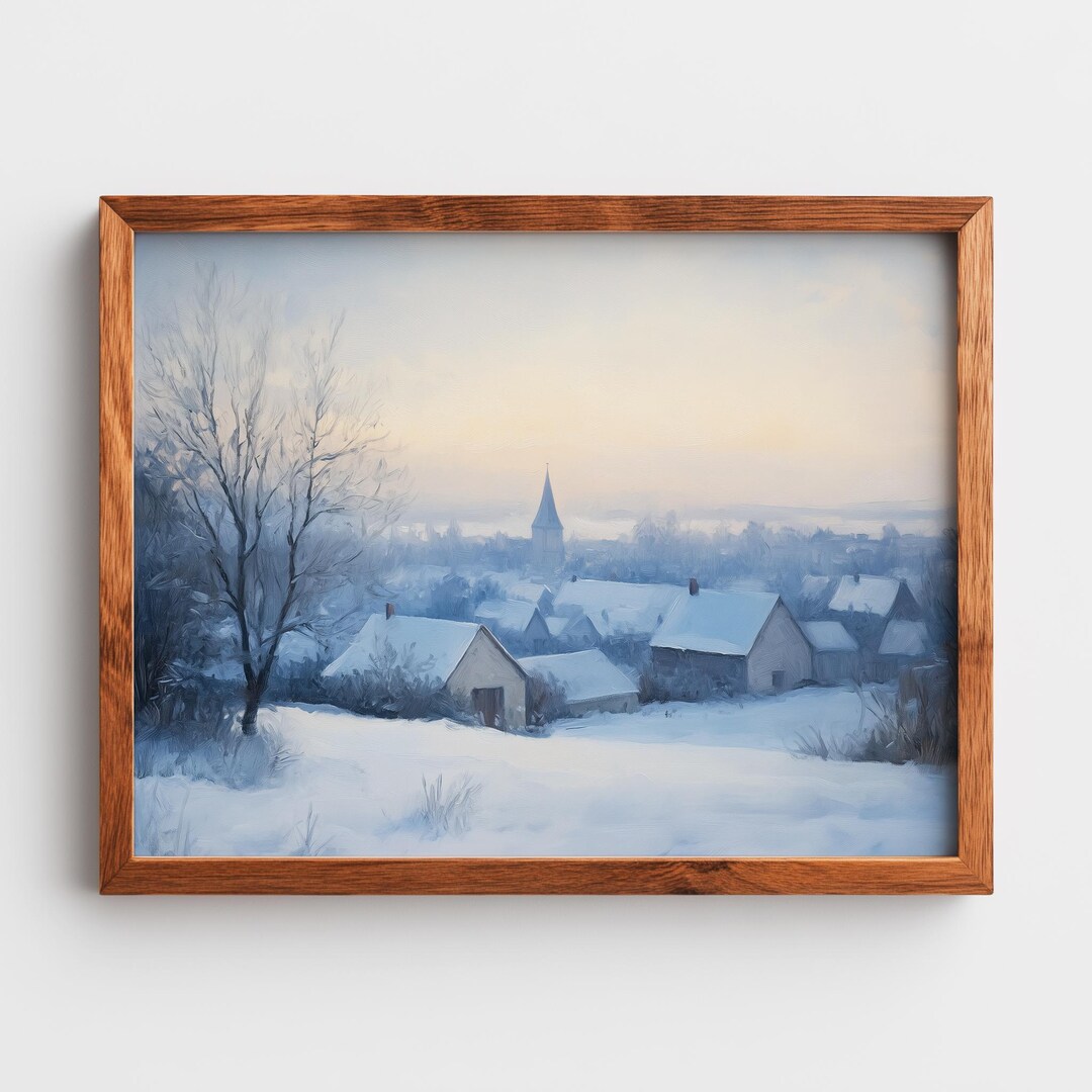 Winter Village Landscape Print – Rustic Farmhouse Wall Art (digital ...