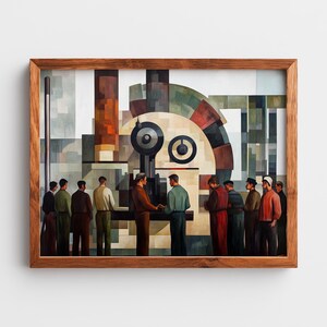 以下が含まれることがあります： 木製のフレームに入った抽象画。大きな機械を観察する人々のグループが描かれています。このアートワークは、幾何学的な形と、茶色、緑、赤の落ち着いた色使いが特徴です。スタイルは、20世紀初頭の産業芸術を彷彿とさせます。