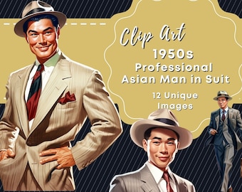 Clip Art 1950s Professional Man, 1940s Asian Business Man, Fathers Day, Journaling, Digital Paper, Cricut Files, SVG, 300 dpi, Man in Suit