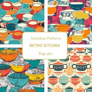 Puede incluir: Cuatro patrones sin costuras que presentan utensilios de cocina retro en un estilo pop art. Los patrones presentan tazas, cuencos y tazas de té de colores en varias formas y tamaños.